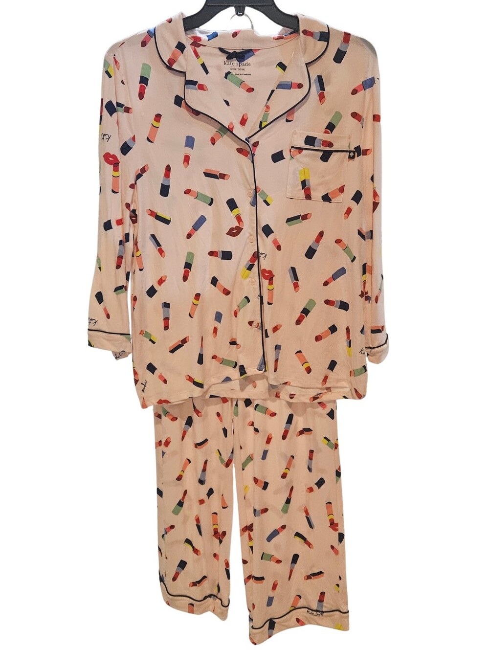Kate Spade Pajama Set Lipstick Toss Pink Ground 3/4 Sleeve & Pants NWT